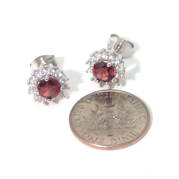 Sterling Silver Genuine Garnet Stud Earrings Cubic Zirconia Halo Carded - Picture 4 of 5